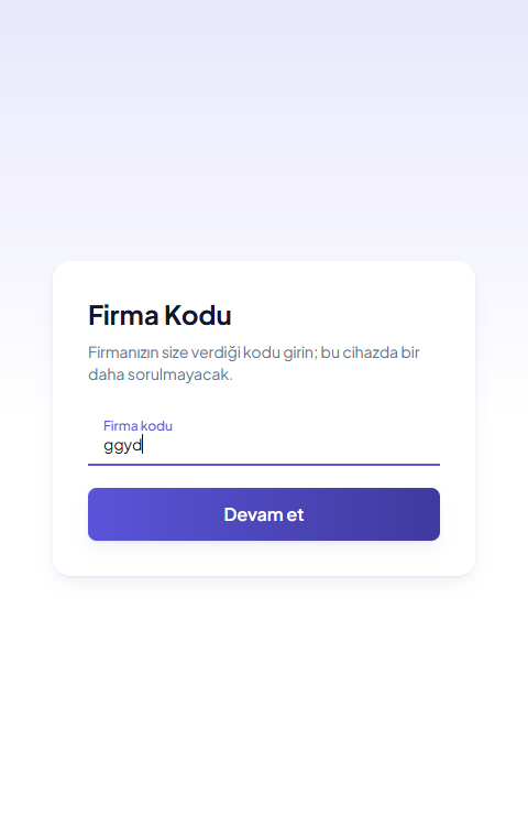 Firma Kodu ekranı: firma kodu alanına ggyd yazılmış, altında Devam et düğmesi var