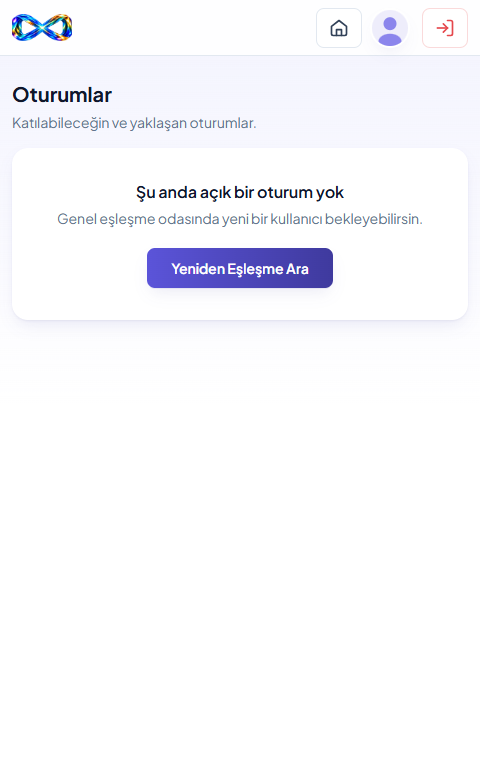Oturumlar ekranı: açık oturum yok mesajı ve Yeniden Eşleşme Ara düğmesi